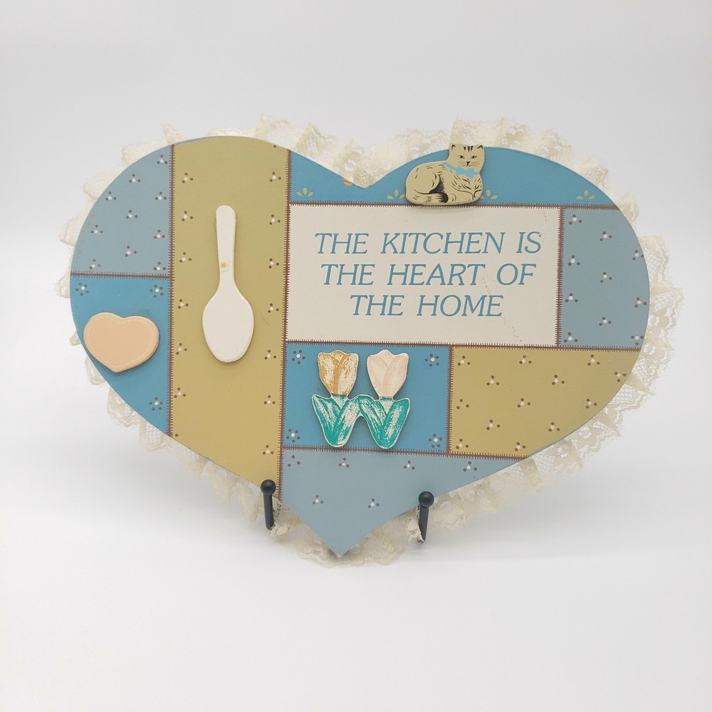 Vintage Cottagecore Heart Wood Kitchen Sign Lace Trim Cat Farmhouse Wall Decor